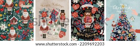 Merry Christmas and Happy New Year. Vector illustrations of a nutcracker, Christmas tree, Santa Claus, felt boots, Christmas tree decorations for a background, postcard, poster or pattern