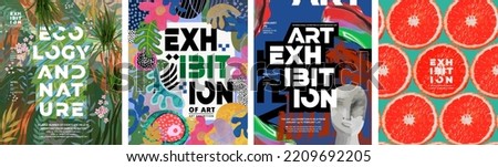 Posters for exhibitions of art, sculpture, nature and ecology. Vector illustrations of objects, stains, abstraction, paint and grapefruit halves for background, flyer or card