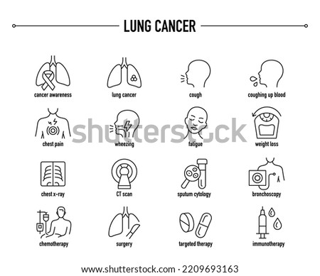 Lung cancer symptoms, diagnostic and treatment icon set. Line editable medical icons. Royalty-Free Stock Photo #2209693163