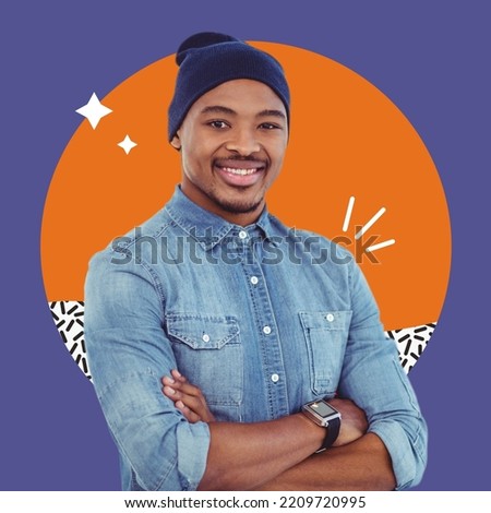 Composition of stars and shapes over happy african american man. Profile picture maker concept digitally generated image.