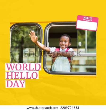 Composition of world hello day text over african american schoolboy waving hand. World hello day and celebration concept digitally generated image.