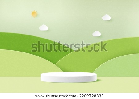 3d Paper cut abstract minimal geometric shape template background.White cylinder podium on green nature mountains landscape.Vector illustration. Royalty-Free Stock Photo #2209728335