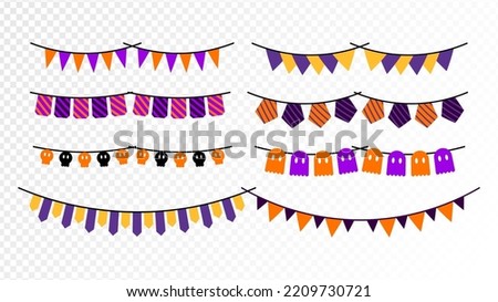 Set of Halloween buntings on transparent background. Fancy flags for decoration Halloween day party. Vector illustration.