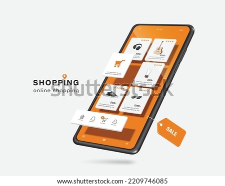 Template or Mockup as for product placement on smartphone online shopping application, many products are displayed on smartphone screen and sale tag label hangs below,vector 3d isolated  for design Royalty-Free Stock Photo #2209746085