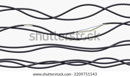 Electric wires, power cables in black plastic tubes. Curved 3d flexible wires, broken and torn energy cables isolated on transparent background, vector realistic set Royalty-Free Stock Photo #2209751543