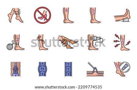 Varicose treatment icons, leg veins disease and thrombosis surgery, vector line symbols. Varicose or vascular varices circulation insufficiency, medical treatment, compression therapy and prophylactic Royalty-Free Stock Photo #2209774535