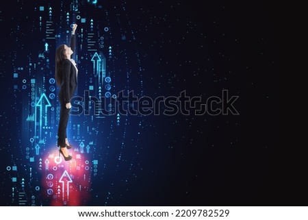 Power and business success concept with superwoman taking off in rocket made by digital arrows on abstract dark blank background with place for your logo or poster, mock up