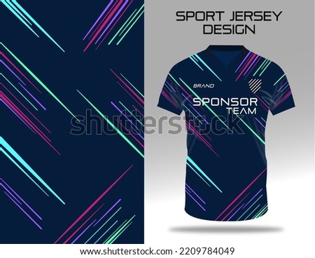 Dark blue t-shirt sport design template with abstract line  pattern for soccer jersey. Sport uniform in front view. Tshirt fabric design and mock up for sport club. Vector Illustration