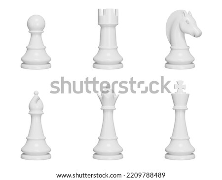 Chess pieces 3d set. White Color. Pawn, king, queen, rook, knight, bishop. Isolated icons, objects on a transparent background Royalty-Free Stock Photo #2209788489