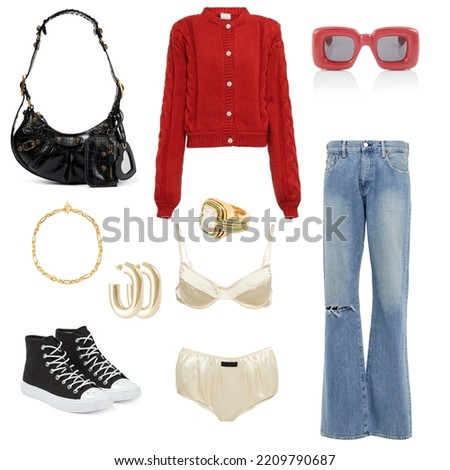 mood board fashion clothes, outfit, clothes collage, set of fashionable clothes and accessories, women's trendy fashion clothes collage on white, flat lay, top view Royalty-Free Stock Photo #2209790687