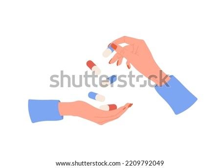 Female hand holding pills. Healthcare and medicine concept. Woman drinks vitamin complex and minerals. Vector illustration in flat cartoon style. Medication and pharmaceutical drug. Royalty-Free Stock Photo #2209792049