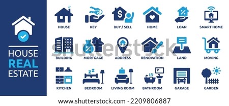 House or Real estate icon set. Containing house, key, buy, sell, loan, smart home, building, mortgage, address, renovation, land, kitchen, bedroom, living room, bathroom. Solid icon vector collection. Royalty-Free Stock Photo #2209806887