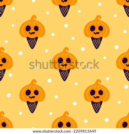 halloween ice cream seamless pattern, vector illustration of pumpkin decorate ice cream with waffle cone on orange background