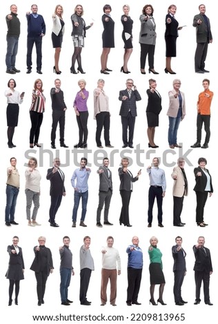 group of business people showing finger at camera