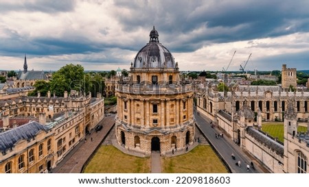 Radcliffe Camera, Bodleian Library, panoramic view from above. Oxford, Oxfordshire, UK.
