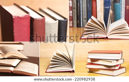 collage of pictures of books in the library 