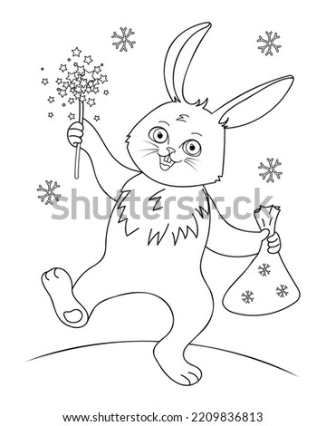 Coloring page of a cute cartoon bunny with sparklers. Coloring book for kids. Vector outline illustration