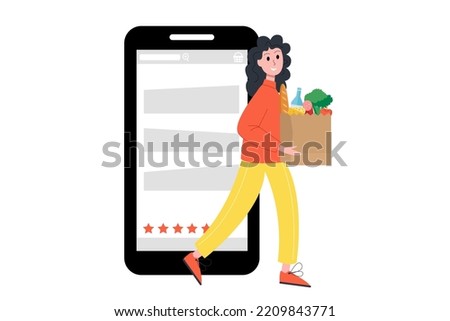 A girl with a basket of food in her hands gets out of the phone. The concept of online orders, delivery, online shopping. Vector illustration.