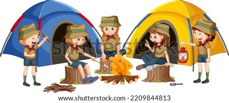 Outdoor camping with scout kids illustration