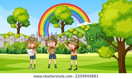 Scout kids hiking in the forest illustration