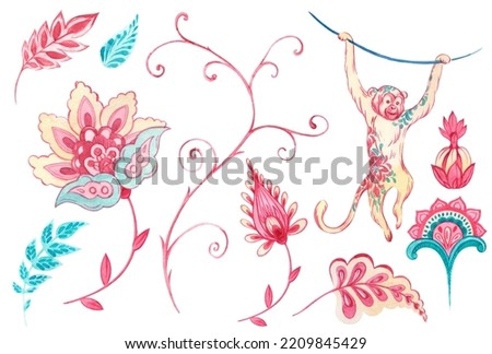 Beautiful set with watercolor hand drawn floral elements and monkey painted in old traditional turkish style. Stock clip art illustration.