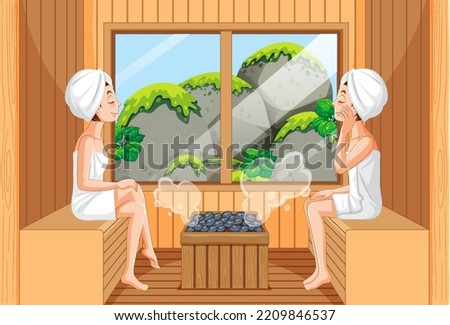 Two women in sauna room illustration