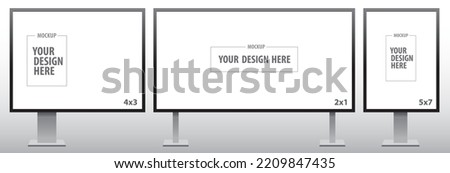 Blank Billboard Realistic Vector Mockup Set for Outdoor Advertising Poster Designs. Horizontal and vertical sign boards with 3 general standard sizes. Royalty-Free Stock Photo #2209847435