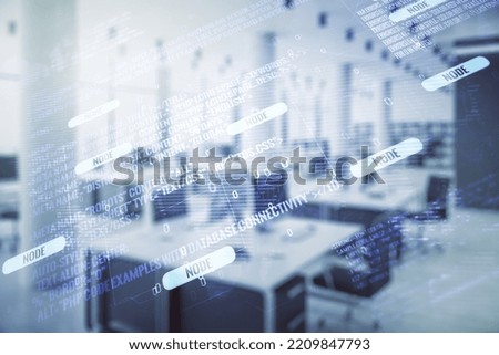 Multi exposure of abstract programming language hologram and world map on a modern furnished office interior background, artificial intelligence and neural networks concept
