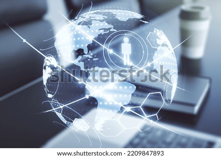 Social network concept with world map and modern laptop on background. Multiexposure
