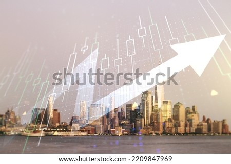 Multi exposure of abstract financial diagram and upward arrow on Manhattan office buildings background, rise and breakthrough concept