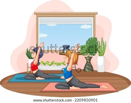Women practicing yoga at home illustration