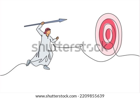 Continuous one line drawing young handsome Arabian male worker focus to hit work target on dartboard. Success business manager minimalist concept. Single line draw design vector graphic illustration
