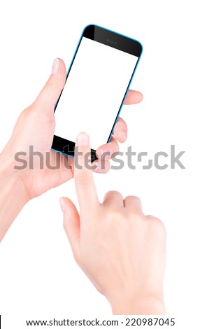 Woman hand holding Black Smartphone with blank screen