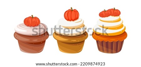 A set of pumpkin cupcakes with whipped cream and pumpkins.Design elements for Thanksgiving, Halloween.