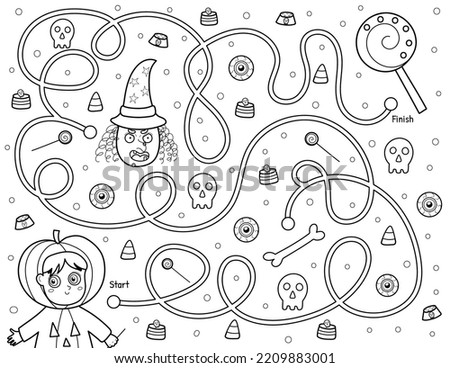 Help a cute boy in pumpkin costume find path to the candy. Black and white Halloween maze game for kids in cartoon style. Labyrinth puzzle for school and preschool. Vector illustration