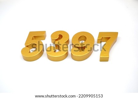  Number 5397 is made of gold-painted teak, 1 centimeter thick, placed on a white background to visualize it in 3D.                               