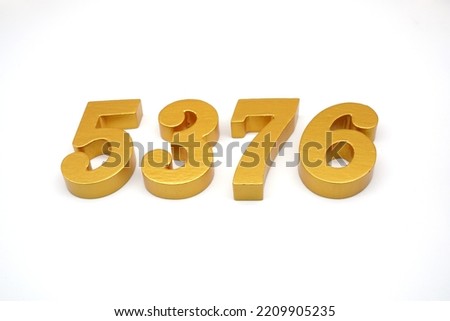   Number 5376 is made of gold-painted teak, 1 centimeter thick, placed on a white background to visualize it in 3D.                               