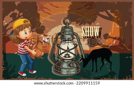 Boy holding a dog in nature scene with light show.
illustration
