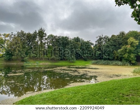 Beautiful landscape in Lviv view of the park and lake on a cloudy rainy day, selective focus
