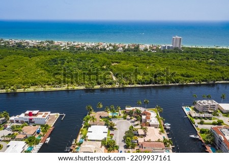 Aerial drone view of Miami urban area, bay with blue sky, skyline, cityscape background