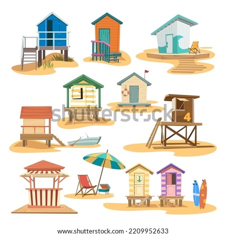 Different beach houses vector illustrations set. Collection of drawings of beach huts with door and window, life buoy, boat with paddles on white background. Summer, traveling, holidays concept Royalty-Free Stock Photo #2209952633