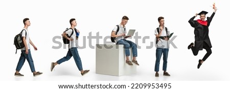 Portrait of young boy, student in casual clothes isolated over white studio background. From admission to graduation. Concept of education, studying and student lifestyle. Copy space for ad Royalty-Free Stock Photo #2209953495