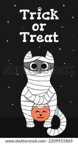 Cute gray cat in mummy costume with Jack-o-lantern orange basket for candies. Pumpkin in a shape of cat head. Trick or treat, Halloween night flat vector illustration