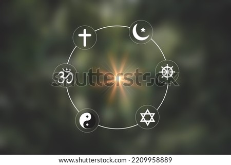 Religious symbols. Christianity cross, Islam crescent, Buddhism dharma wheel, Hinduism aum, Judaism David star, Taoism yin yang, world religion concept. Prophets of all religions bring peace to world. Royalty-Free Stock Photo #2209958889