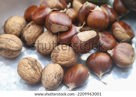Closeup picture of lots of chestnuts and walnuts on a silver tray, outdoor shot