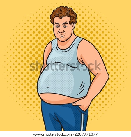 Fat man with beer belly abdominal obesity pinup pop art retro vector illustration. Comic book style imitation.
