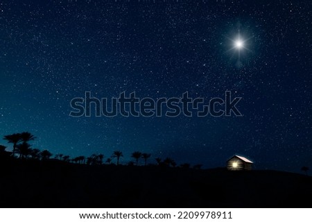 The star shines over the manger of christmas of Jesus Christ. panorama