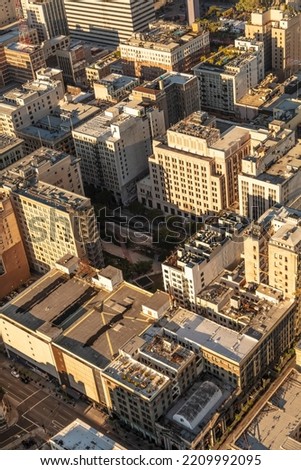 Aerial view of apartment buildings Inner city commercial tower blocks busy downtown area of Los Angeles travel tourism Southern California USA