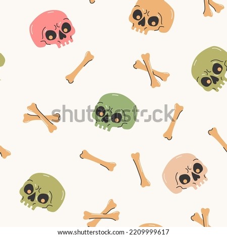 Cartoon funny skulls with colorful bones, crossbone seamless pattern. Skull and bone background. Vector illustration. Spooky creepy Halloween concept for textile fabric design in modern fashion style