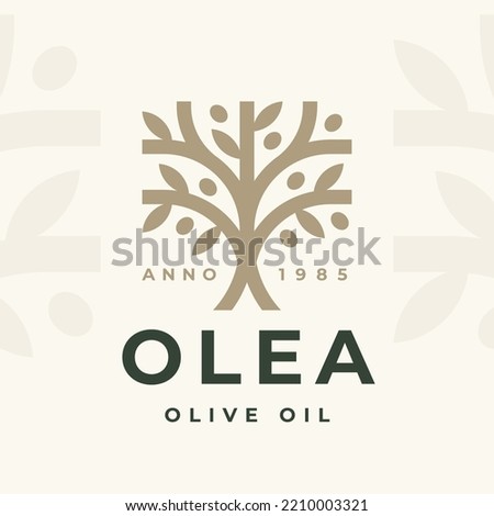 Olive tree logo mark design. Olea olive oil icon. Tree of life nature symbol. Fruit tree brand emblem. Organic product plant sign. Vector illustration.